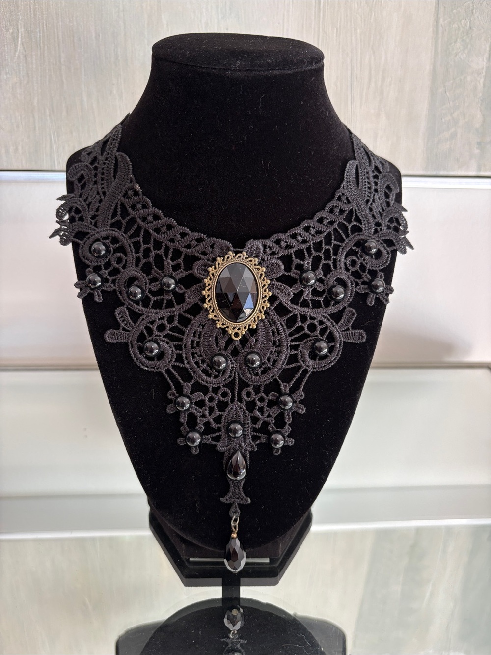 Black Lace Statement Necklace with Faceted Gem